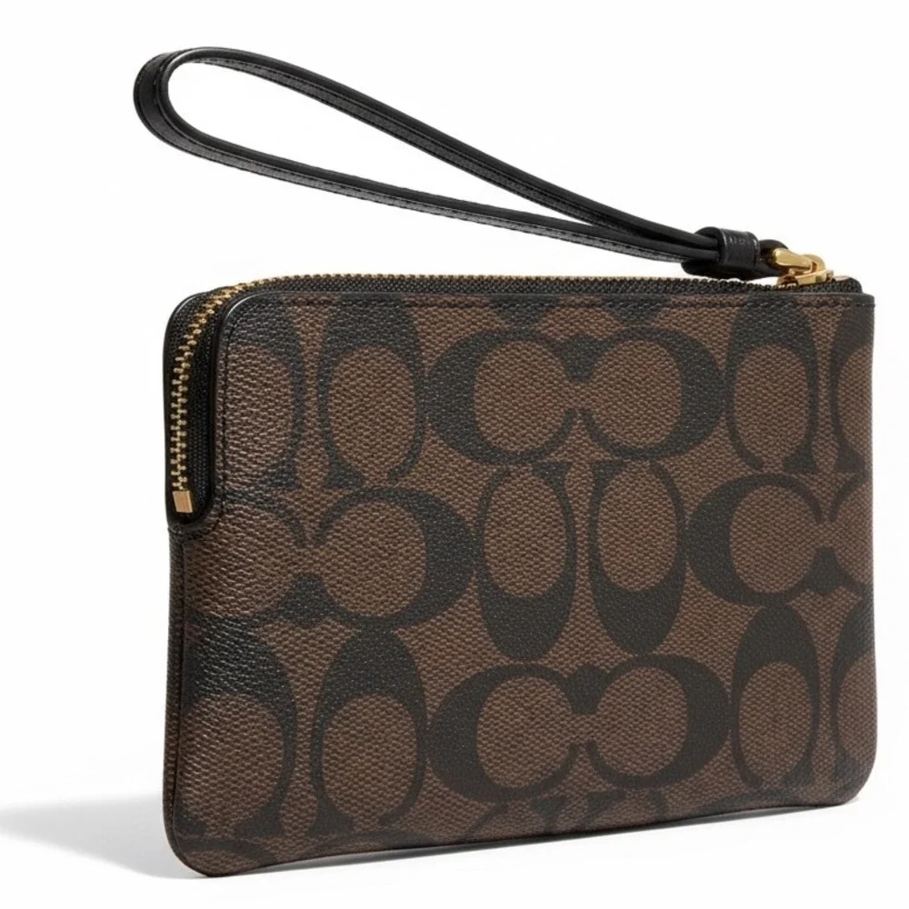 Coach Signature Coated Canvas Corner Zip Wristlet Brown Black Gold
